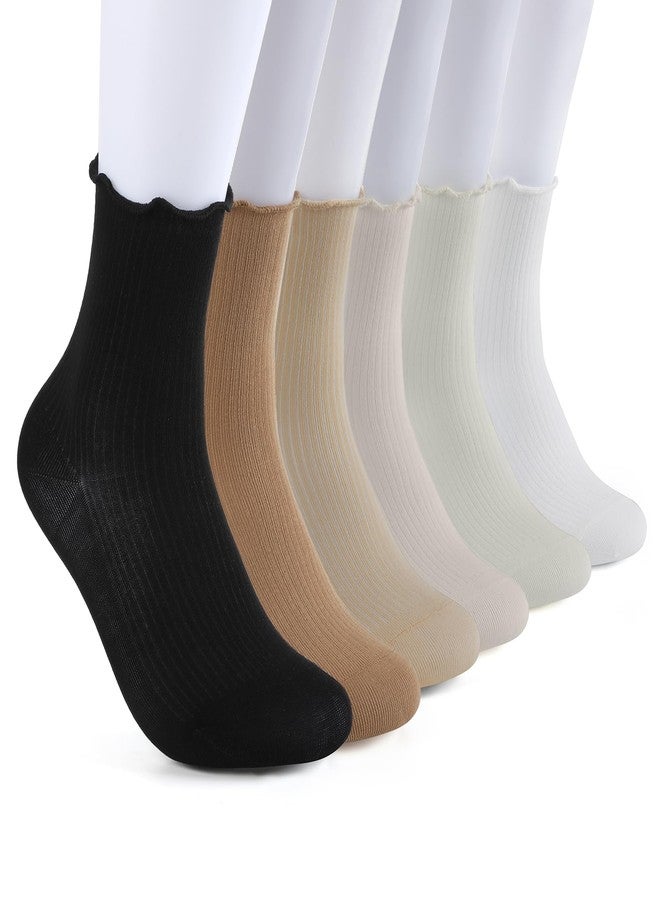 Rueesh 6 Pairs Breathable Women Warm Ruffle Ankle Socks Winter Cozy Knit Cotton Crew Socks Soft Thermal Frilly Calf Socks - Image 2